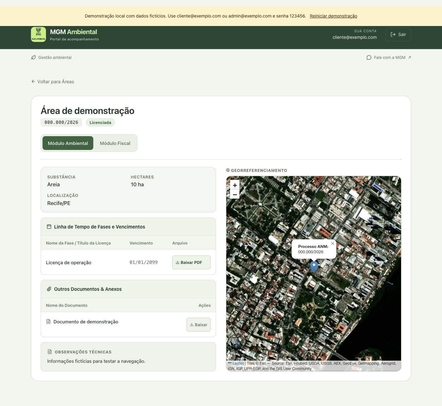 Portal MGM com fases, documentos, prazos e mapa de uma área fictícia