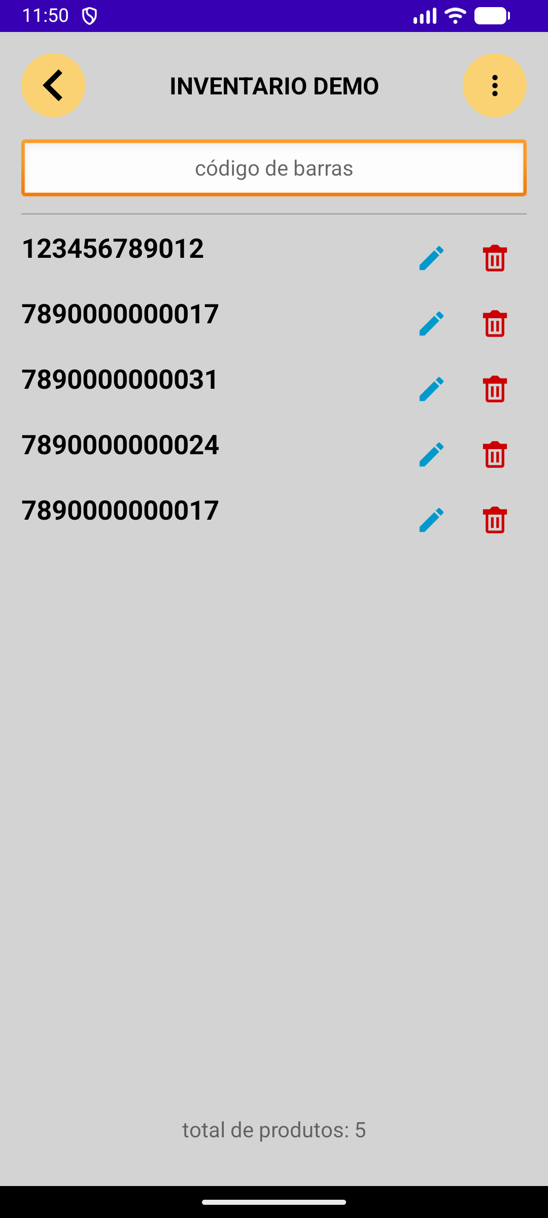 Aplicativo Android Seaway com cinco códigos fictícios registrados